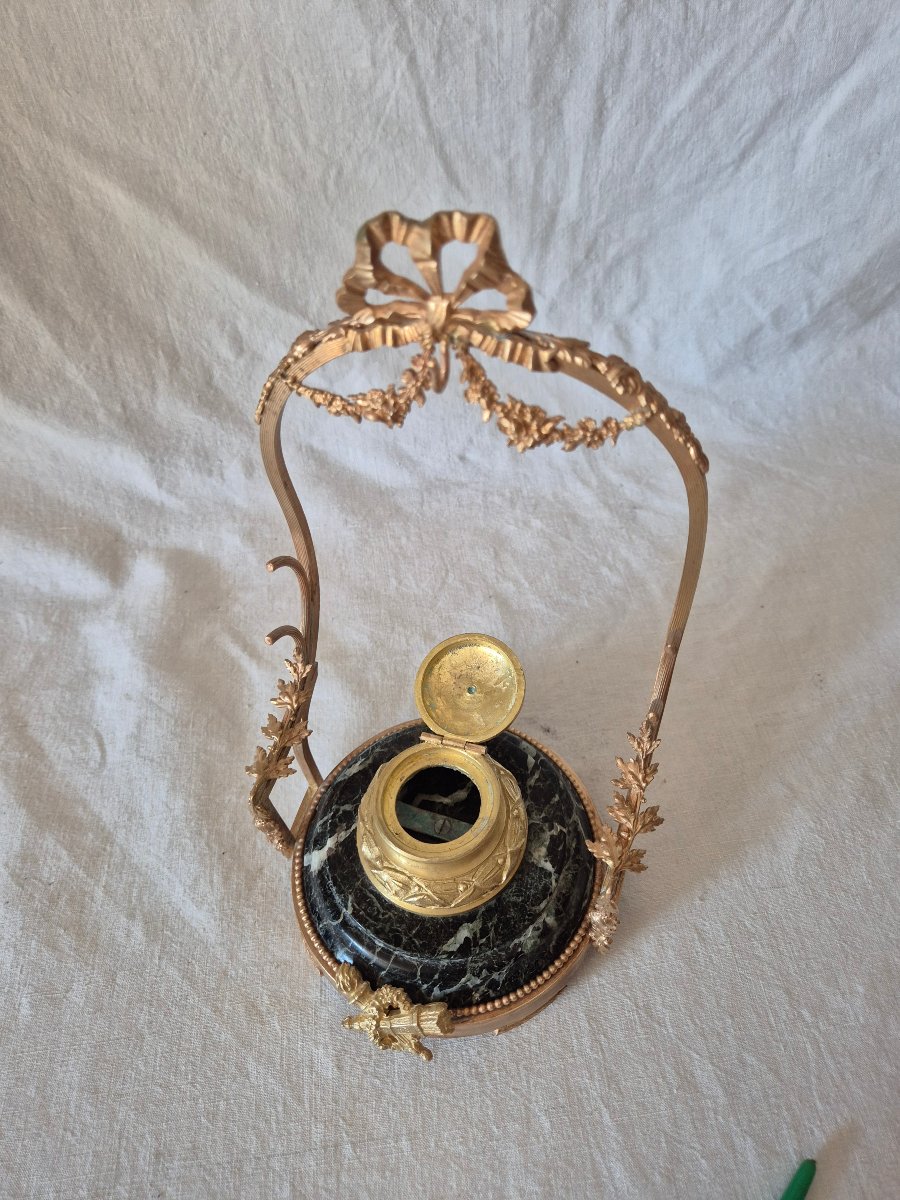 Second Empire-era Bronze And Marble Inkwell With Watch And Quills -photo-5