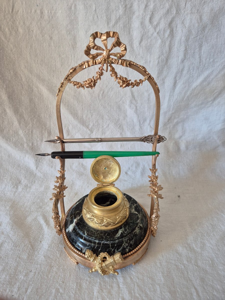 Second Empire-era Bronze And Marble Inkwell With Watch And Quills -photo-7