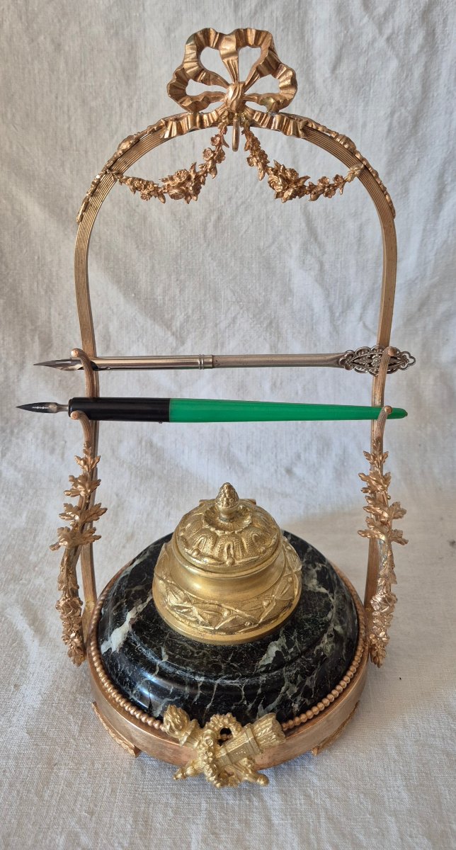 Second Empire-era Bronze And Marble Inkwell With Watch And Quills 