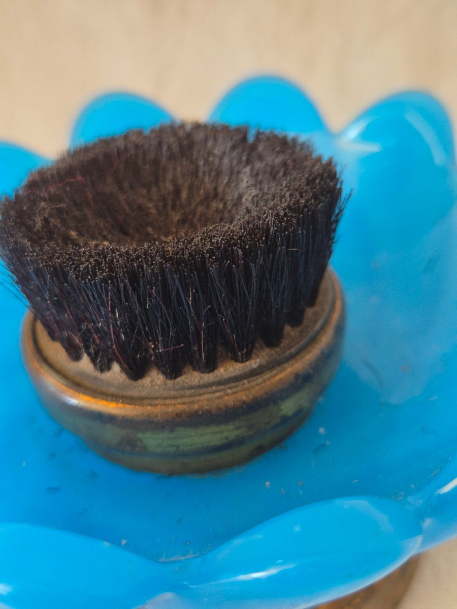Essuie plumes Napoléon III en opaline bleu cobalt,  bronze et crin-photo-1