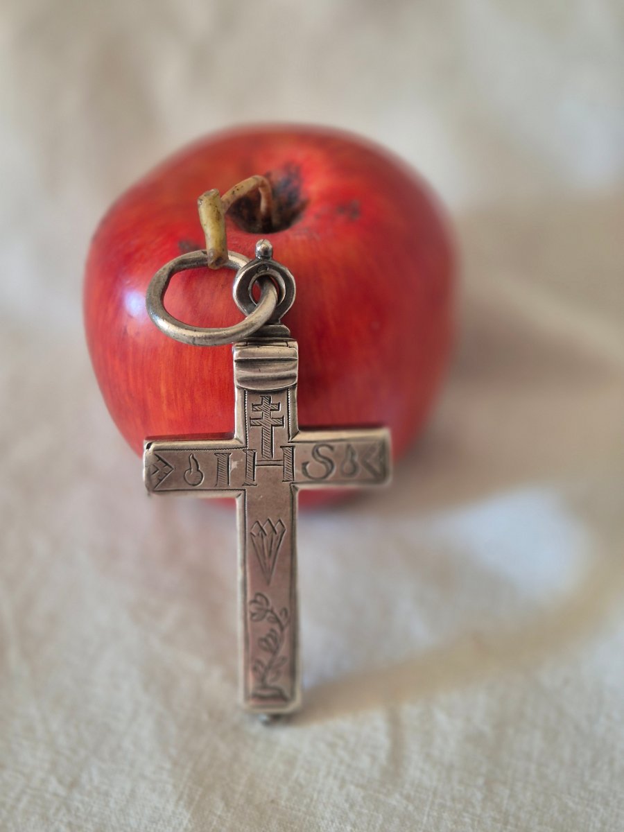 Reliquaire croix pectorale gravée en argent du XVIIIème siècle -photo-2