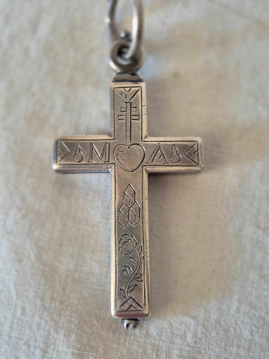 Reliquaire croix pectorale gravée en argent du XVIIIème siècle -photo-3