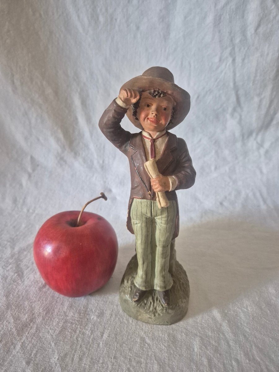 19th-century Austrian Terracotta Pyrogen, Depicting A Boy In A Suit By Bernard Bloch -photo-2