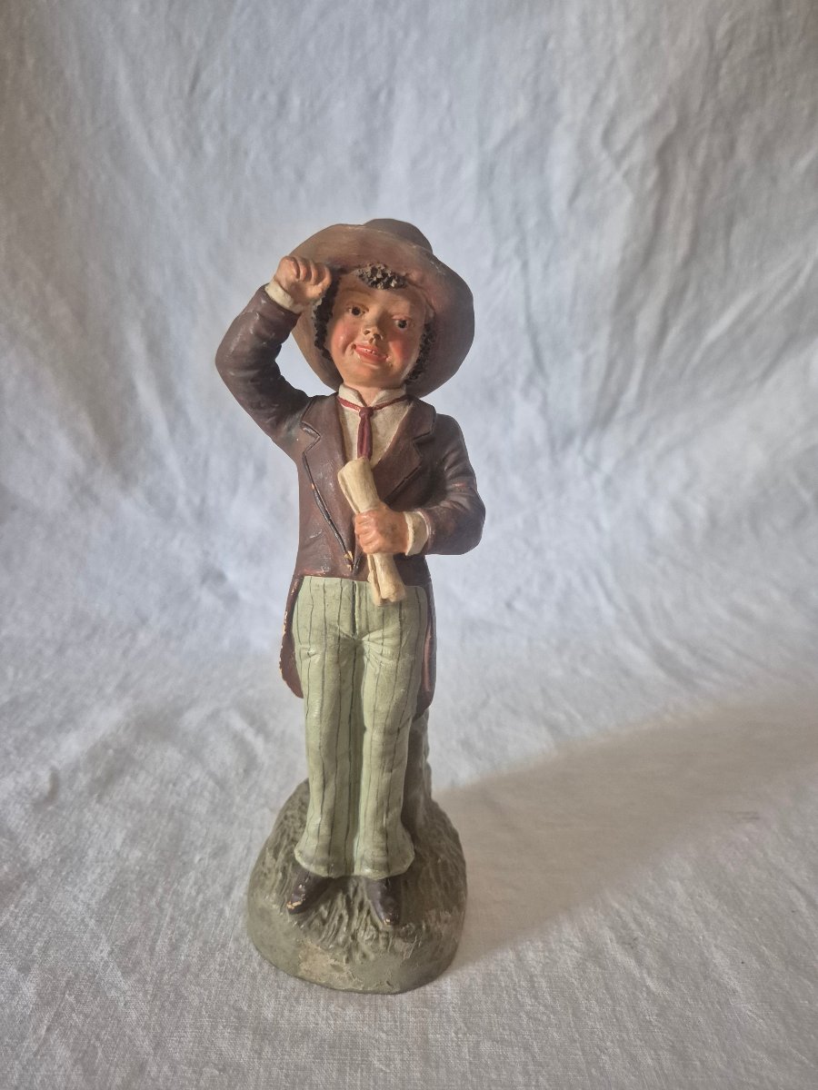 19th-century Austrian Terracotta Pyrogen, Depicting A Boy In A Suit By Bernard Bloch 