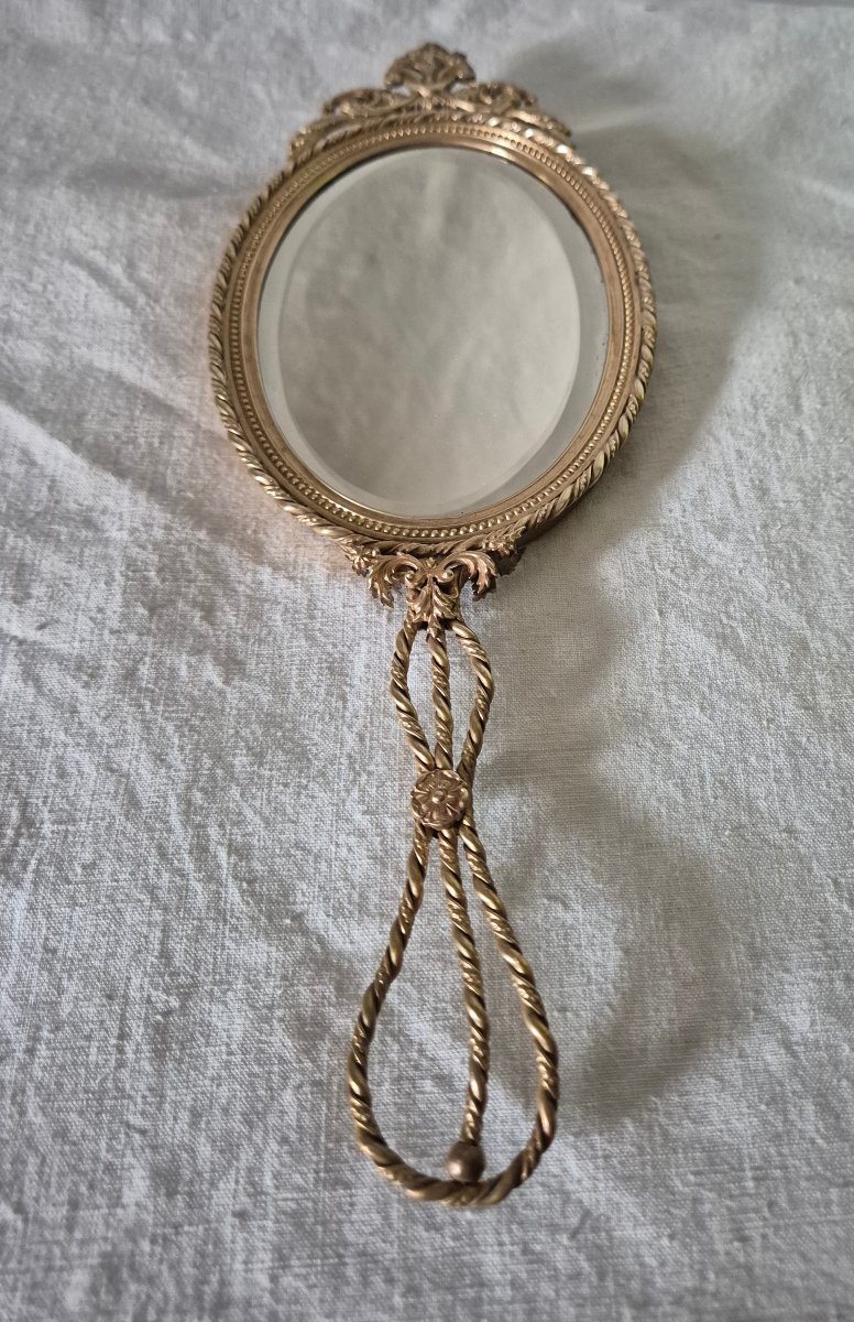 Second Empire-era Hand Mirror With A Mercury-coated Surface And Beveled Edges In Gilded Bronze 