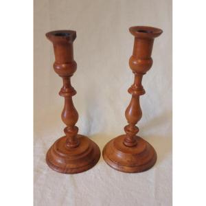 Pair Of Turned Boxwood Candlesticks From The 19th Century 