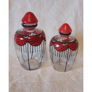 Pair Of Art Deco Enameled Glass Perfume Bottles 