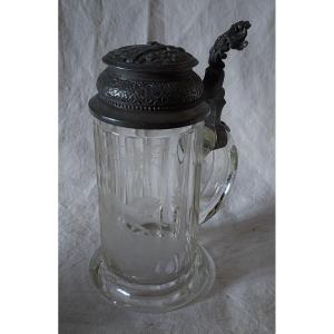 Cut Glass Beer Mug With Sides And Two Horses Running In The Countryside 