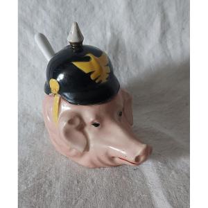 Mustard Pot Humanized Porcelain Pig With German Prussian Spiked Helmet 