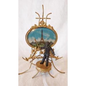 Pierrot Painter In Front Of The Eiffel Tower In A Gilt Bronze Easel 