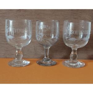 Three 19th Century Wine Glasses Engraved “souvenir” For Two And “souvenir Of The Party” For The Other