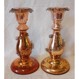 Pair Of Two-tone Glass Candlesticks, Clear And Amber, églomisé From The 19th Century 