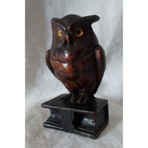 Carved Wooden Owl Forming An Inkwell And “black Forest” Style Feather Holder