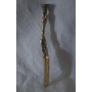 Paper Cutter Letter Opener In Stylized Gilt Bronze Forming A Feather And A Bird's Leg 