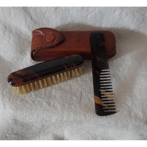Tortoiseshell Travel Mustache Comb And Brush Accompanied By Their Leather Case 