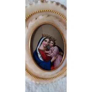 Fixé Sous Verre De La Vierge Marie Et l'Enfant Jésus Médaillon Cadre Bronze Doré Et Albâtre 