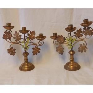 Pair Of Church Candlesticks With Three Bronze And Gilt Brass Lights Depicting Grapes