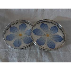 Pair Of Bottle Holder Trays In Barbotine Earthenware And Silver Metal Circa 1900
