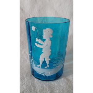 Enamel Goblet Vase Called "mary Gregory" In Ribbed Sapphire Blue Glass With Little Boy 