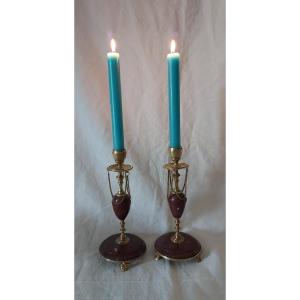Pair Of Candlesticks In Gilt Bronze And Red Griotte De Campan Marble From The 19th Century 