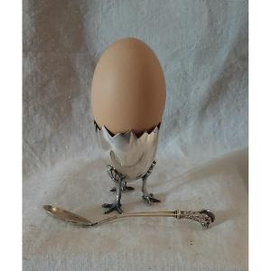 Egg Cup On Bird's Legs And Its Vermeillé Silver Hen's Head Spoon 