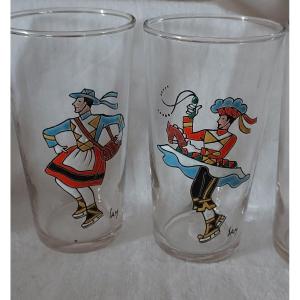 Series Of 8 Enameled Goblet Glasses With Traditional Basque Characters Signed Sam