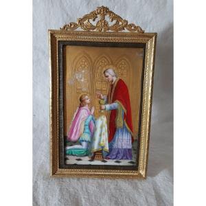 First Communion Scene In Painted Porcelain In Its Gilt Bronze Frame 