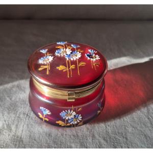 Iridescent Red Glass Candy Box With Flower Enamel, Late 19th Century 