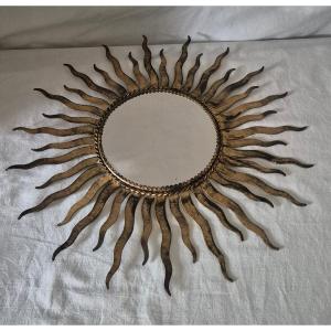 Sun Mirror In Cut-out Metal With A Golden Patina From The Sixties 