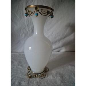 White Opaline Glass Vase In A "rice Grain" Shape, Decorated With Golden Vine Leaves. 