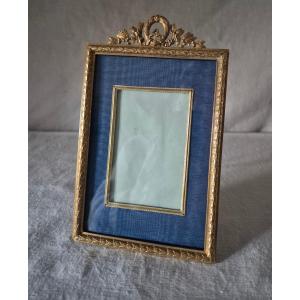 Cadre photo bronze doré à passe partout en moire bleu Second Empire 