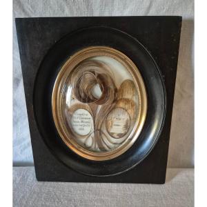 Napoleon III Hair Souvenir In Square Frame With Oval View And Convex Glass