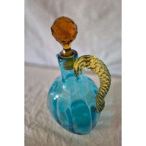 George Sand Amber And Turquoise Blue Glass Carafe With Handle By Portieux, 19th Century
