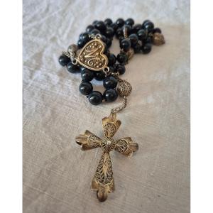 Chapelet rosaire en argent vermeillé et perles d’héliotrope du XIXème siècle 