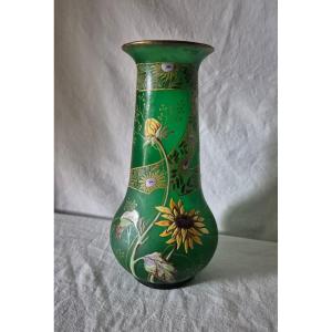 Green Granite Baluster Vase With Enamelled Sunflower Design Late 19th Century