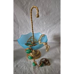 Baguier parapluie en opaline bleu ciel et bronze doré
