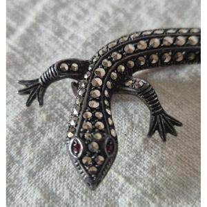 Broche lézard gecko en argent aux marcassites et yeux de rubis