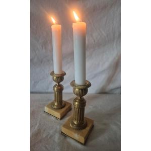 Pair Of Small Ormolu And Marble Table Candlesticks From The 19th Century