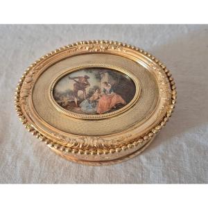 Napoleon III Gilt Bronze Oval Jewelry Box With Country Scene Medallion 18th Century