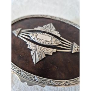 Art Deco Jewelry Box In Silver-plated Metal And Macassar