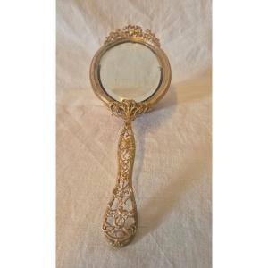 Miroir face à main au mercure et biseauté en bronze doré Second Empire 