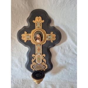 19th-century Wall-mounted Bedside Holy Water Font In Gilded Bronze With Enamel, Painted Miniature, And Black Marble