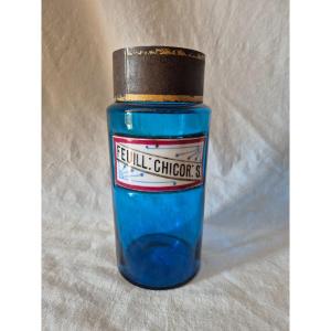 Grand pot de pharmacie bleu pour les feuilles de chicorée avec étiquette en porcelaine peinte