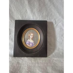 19th-century Miniature Portrait On Ivory Of A Young Girl With Venetian-blonde Hair