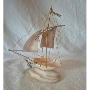 19th-century Mother-of-pearl Ship-shaped Watch Holder With Ring