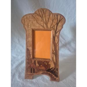 Grand cadre photo marqueterie de bois essences diverses vers 1910