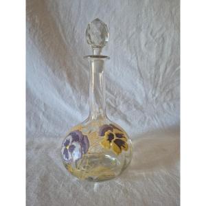 Carafon en verre clair et décors de pensées émaillées vers 1900