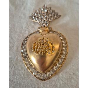 19th-century Ex-voto “heart Of Mary” In Gilded Pomponne, Set With Clear Rhinestones 