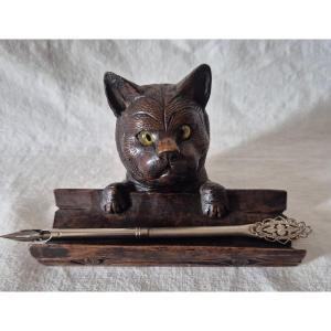 "black Forest" Cat Inkwell Made Of Carved Linden Wood With Glass Eyes