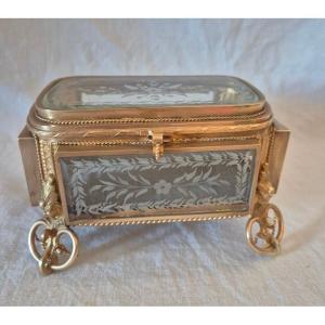 Coffret à bijoux Napoléon III en bronze et verres gravés à chanfrein
